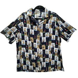 Vintage BonWorth Mens Nautical Print Short Sleeve Shirt M Navy Tan
